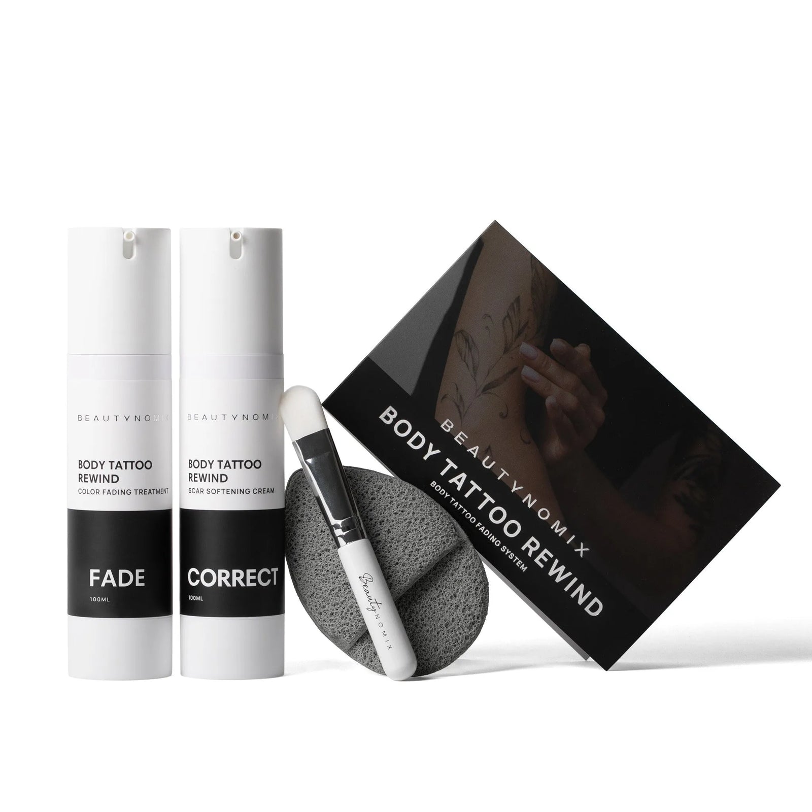 BeautyNomix BODY TATTOO REWIND cream kit for at-home tattoo fading, featuring 4 and 8 month supply options.