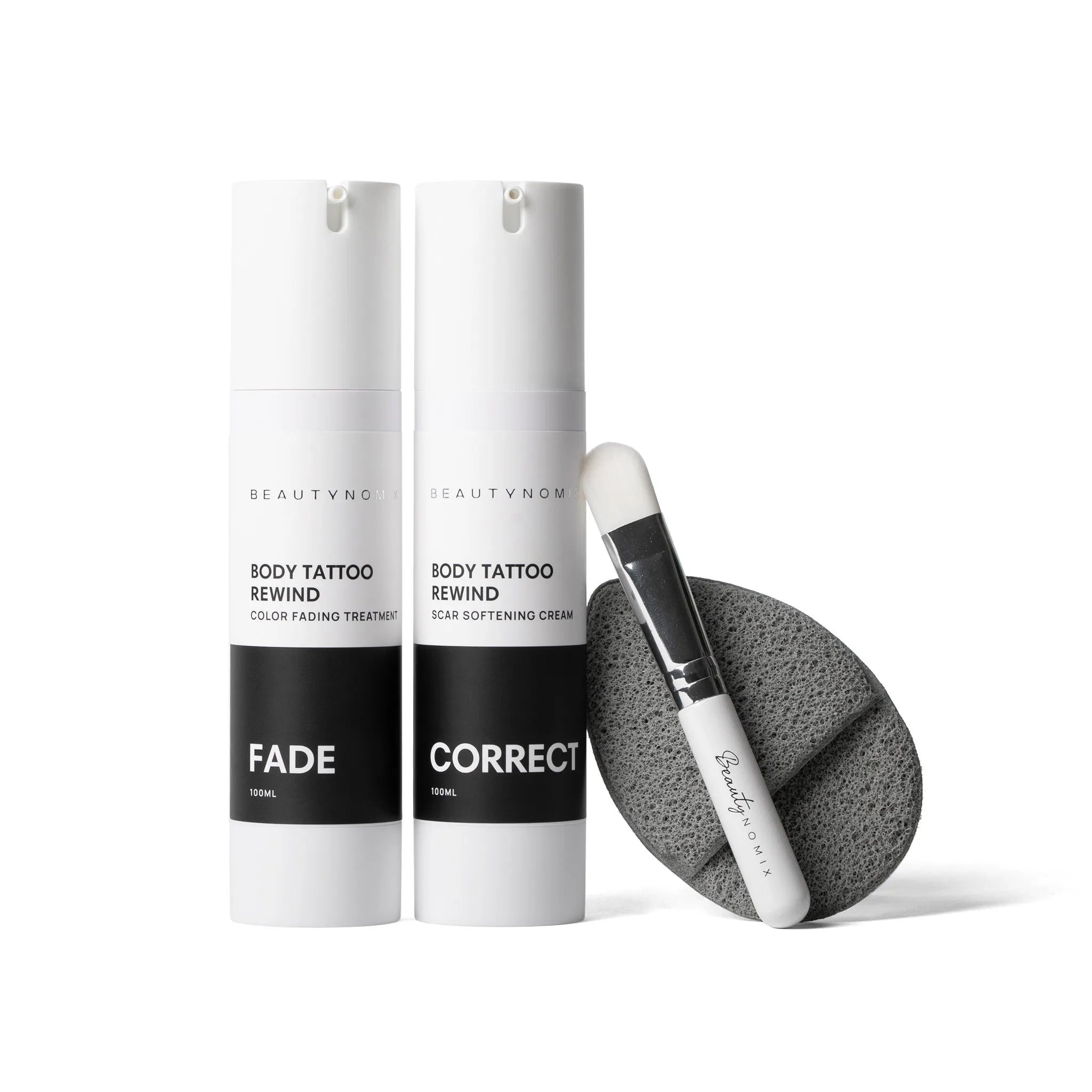 BeautyNomix BODY TATTOO REWIND cream kit for fading tattoos, featuring 4 and 8 month supply options.