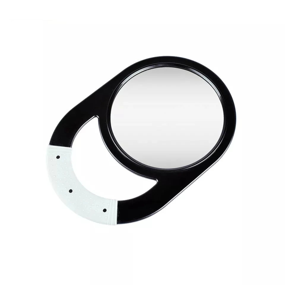Black round handheld makeup mirror by BeautyNomix, lightweight and unbreakable design