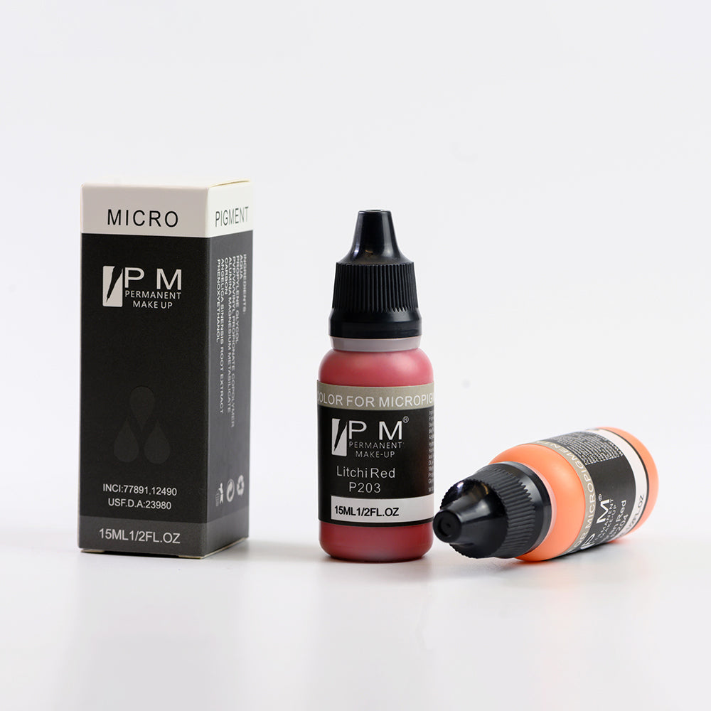 PM Permanent Makeup Modifier Pigments in 15ml bottles, featuring Orange, Red Orange, and Peach colors.