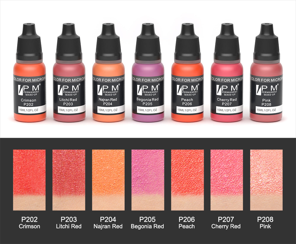 PM permanent makeup lip pigment in vibrant Orange, Red Orange, and Najran Red shades, 15ml bottles