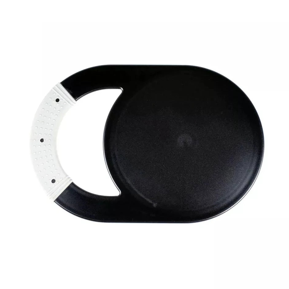 Black round handheld makeup mirror by BeautyNomix, lightweight and unbreakable design