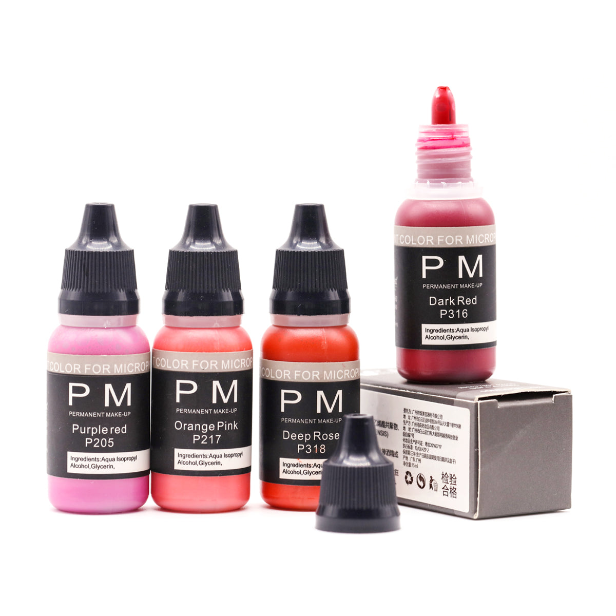PM permanent makeup lip pigment in vibrant Orange, Red Orange, and Najran Red shades, 15ml bottles
