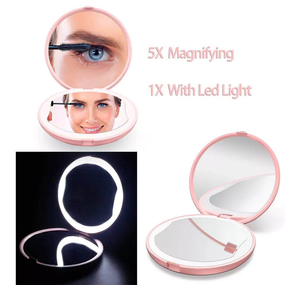 Round rechargeable travel vanity mirror with LED light and magnification by BeautyNomix