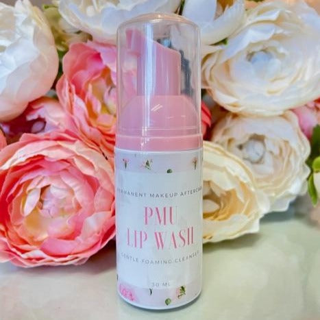 BEAUTYNOMIX PMU Lip Wash Gentle Foaming Cleanser in a sleek white bottle with a pump dispenser