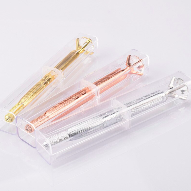 Set of 3 BeautyNomix microblading pens in gold, rose gold, and silver with fine tips for precise eyebrow shaping.