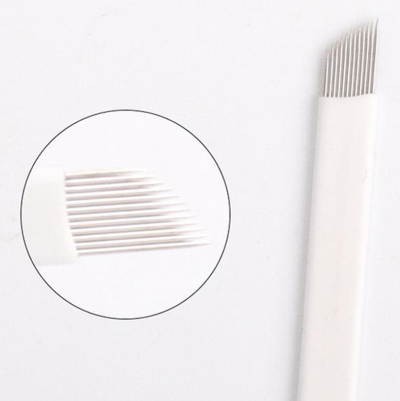 Sloped microblading needles in a 50-pack, 0.20mm size, by BeautyNomix, designed for precise eyebrow shaping.