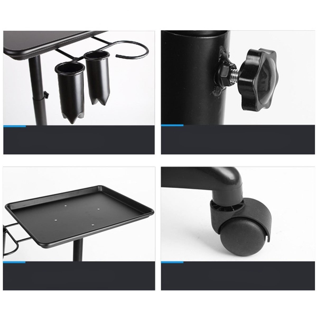 Black aluminum salon cart trolley with adjustable shelves and sleek design by BeautyNomix